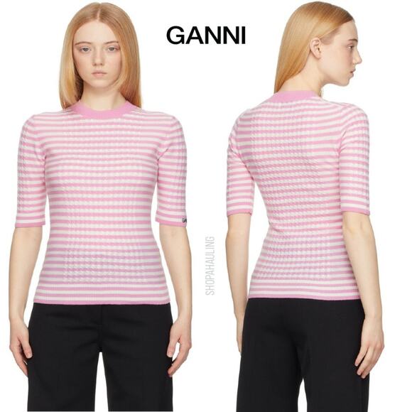 Ganni - Pink Striped Cashmere Cable Sweater - Size Large